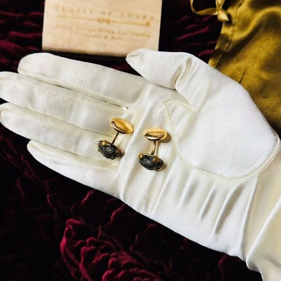 ANTIQUE- 9K Gold -Victorian- Natural Scarab Cufflinks- -6.2g Real Green Beetles - Picture 9 of 16